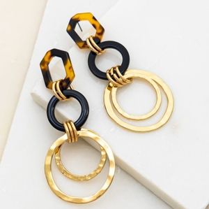 Hexagon tortoise hoop metal circle drop earrings.